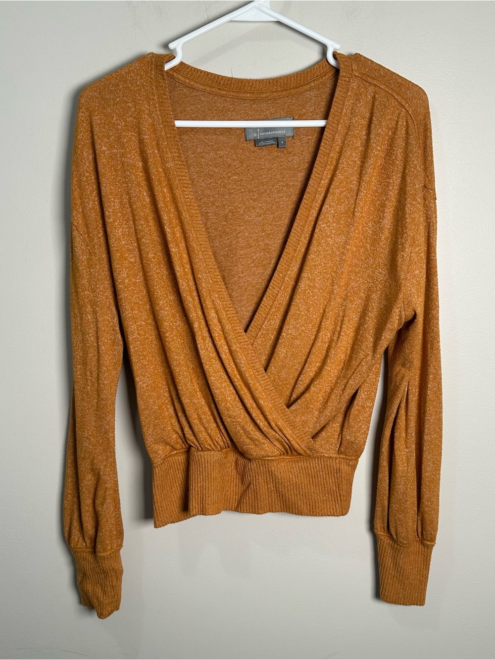 Anthropologie Women V-Neck Faux Wrap Mustard Shirt Sweater Long Sleeve Sz Small